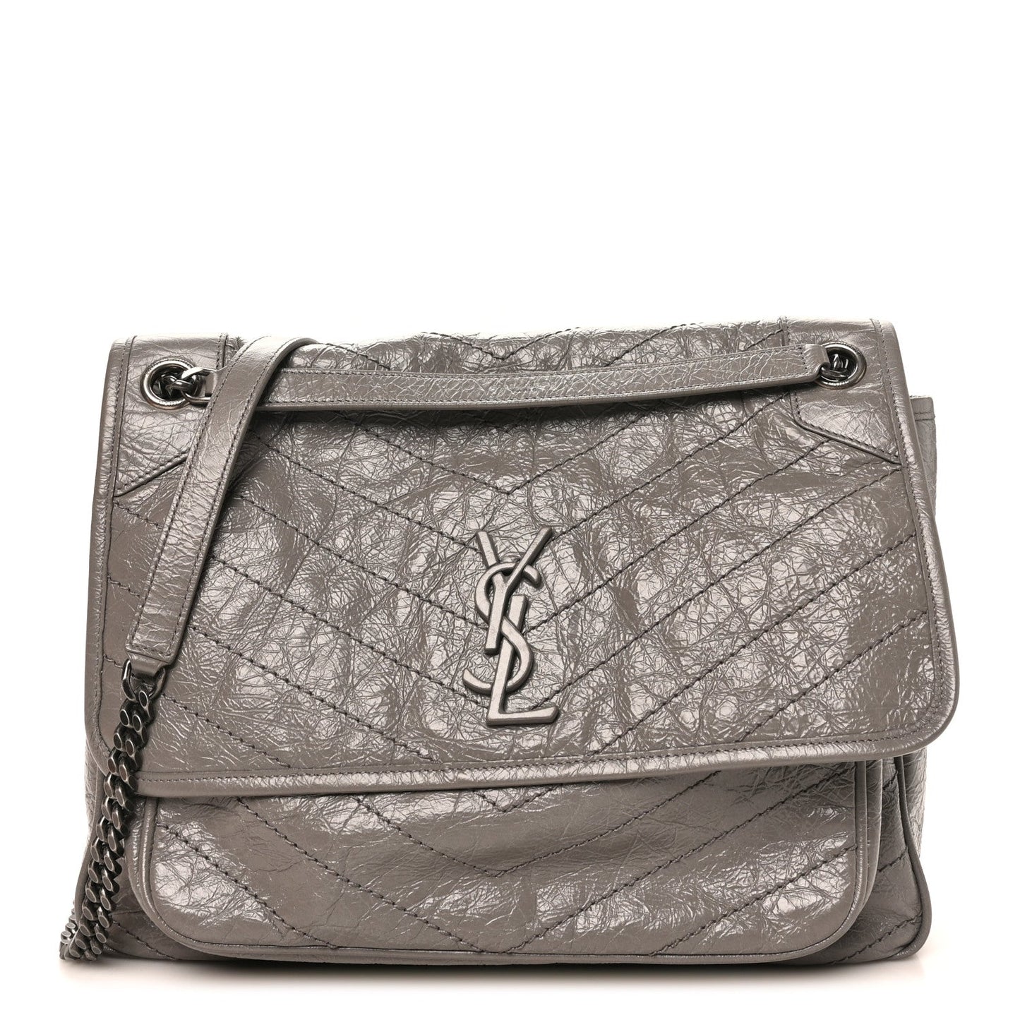 Crinkled Calfskin Matelasse Monogram Large Niki Chain Satchel Fog