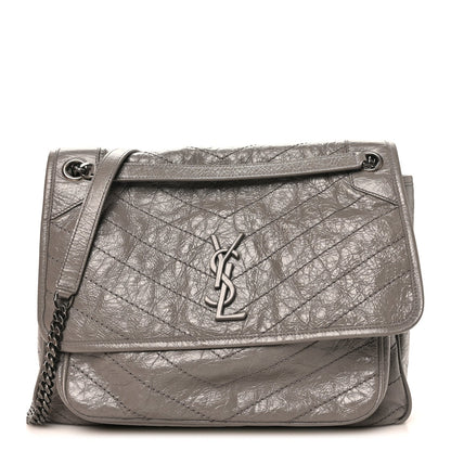 Crinkled Calfskin Matelasse Monogram Large Niki Chain Satchel Fog