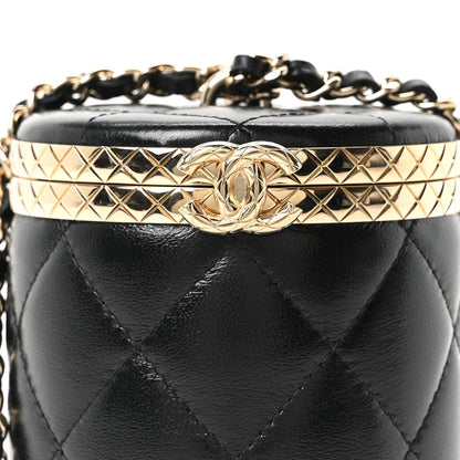 Metal Lambskin Quilted Mini Lock Frame Vanity Clutch Black