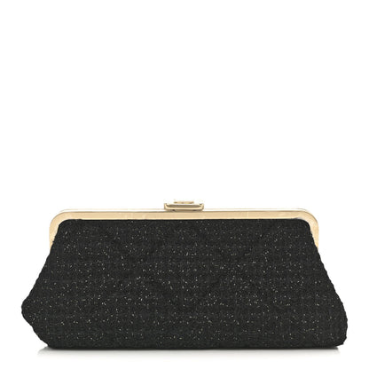 Tweed Quilted Kiss Lock Clutch Black