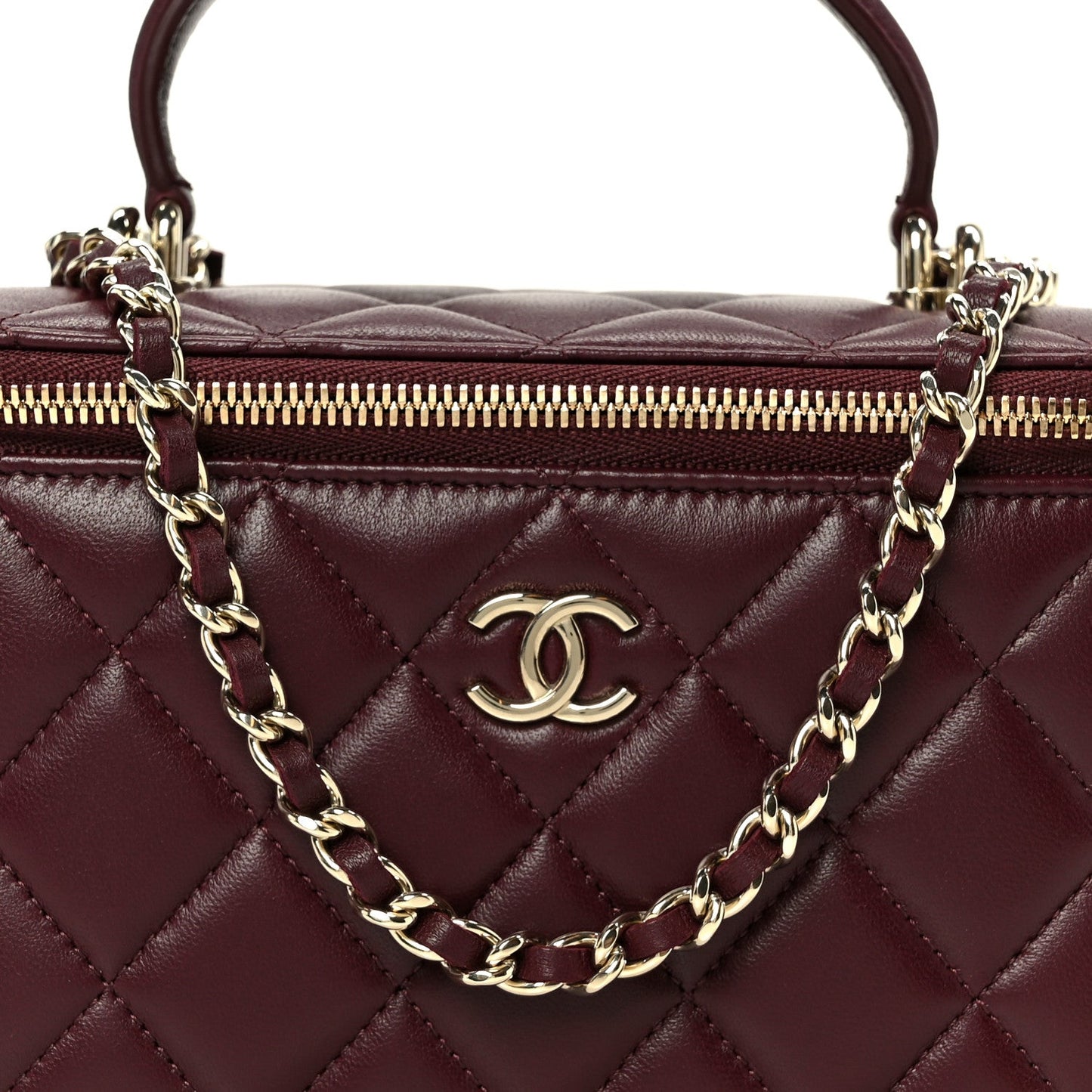 Lambskin Quilted Small Top Handle Vanity Case With Chain Burgundy