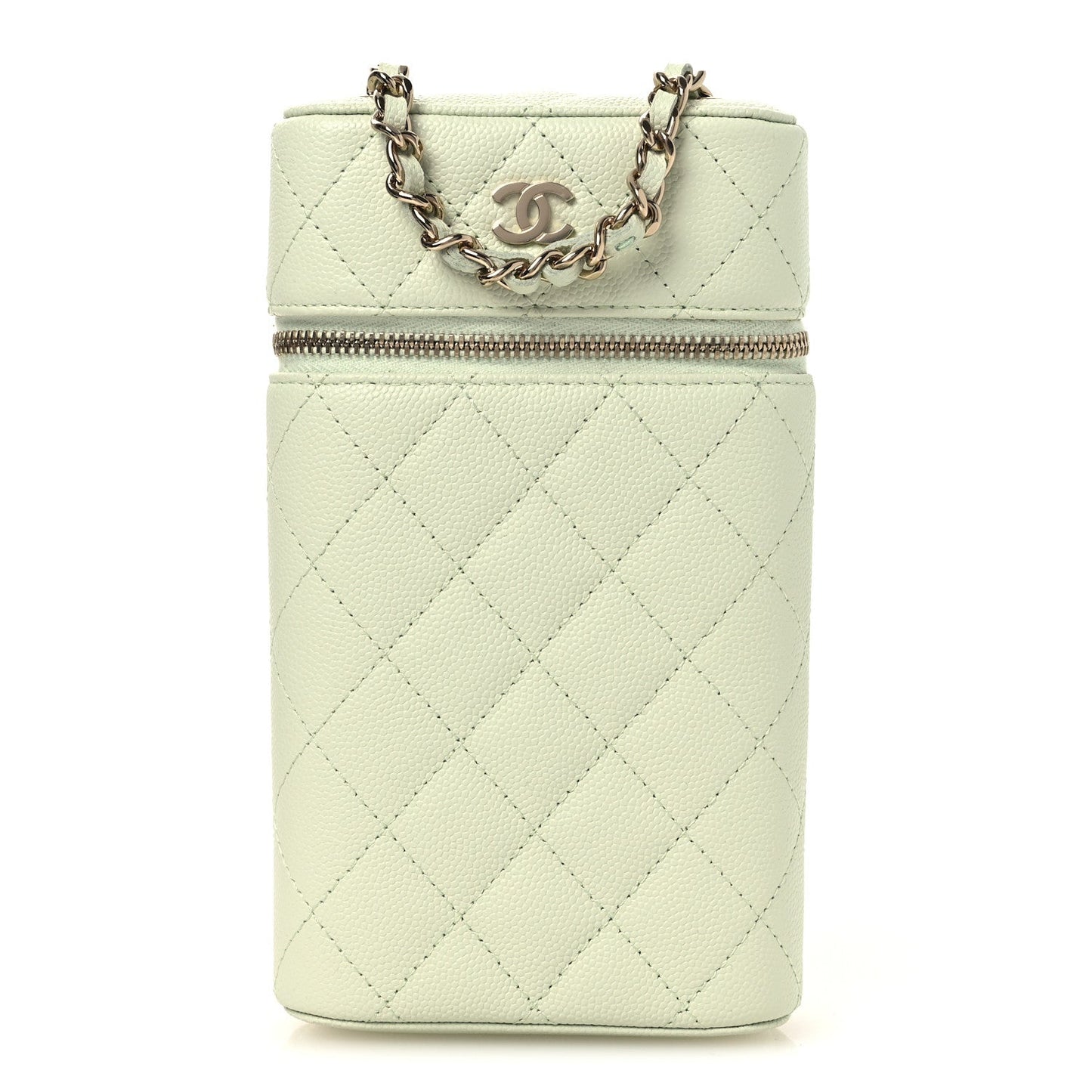 Caviar Quilted Phone Holder With Chain Light Green