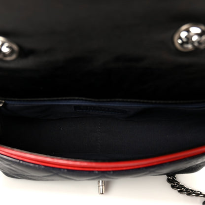 Shiny Goatskin Quilted Tri-Color Flap Black Red Navy