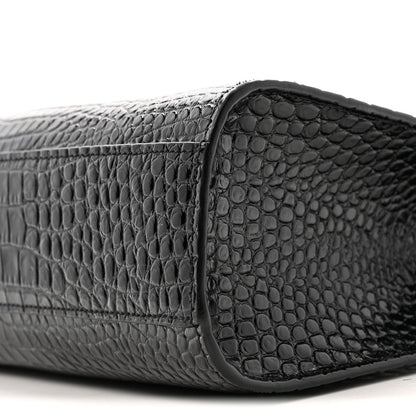 Shiny Calfskin Crocodile Embossed Manhattan Baguette Black