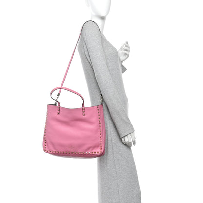 Grained Calfskin Medium Rockstud Reversible Tote Army Green Pink