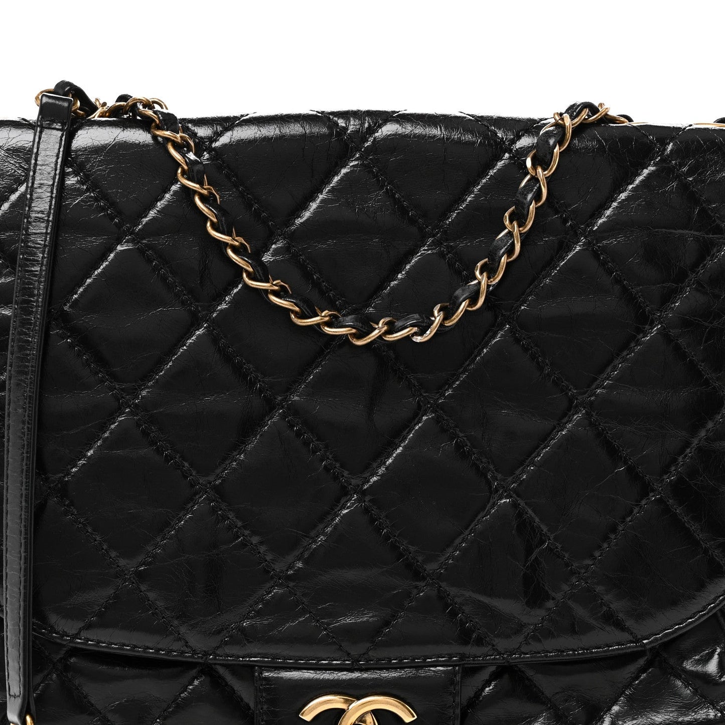 Glazed Calfskin Quilted Medium Bubble CC Flap Black