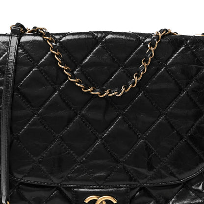 Glazed Calfskin Quilted Medium Bubble CC Flap Black