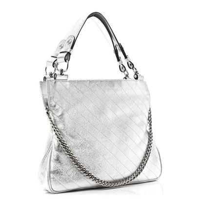 Sakai Be Green Calfskin Diagonal Stitched Small Blondie Tote Silver