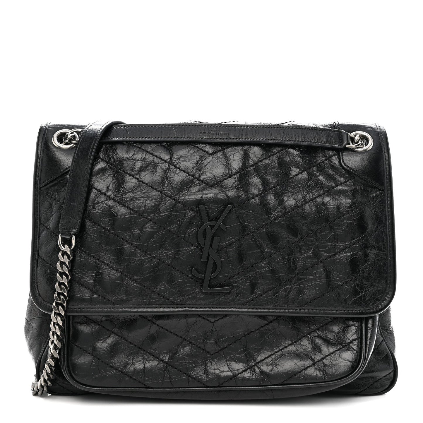 Crinkled Calfskin Matelasse Monogram Large Niki Chain Satchel Black