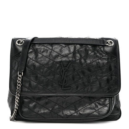 Crinkled Calfskin Matelasse Monogram Large Niki Chain Satchel Black
