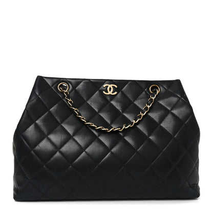 Lambskin Quilted Small Shopping Tote Black