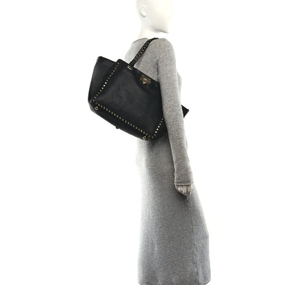 Pebbled Calfskin Medium Rockstud Tote Black