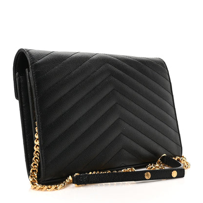 Grain De Poudre Matelasse Chevron Monogram Envelope Chain Wallet Black
