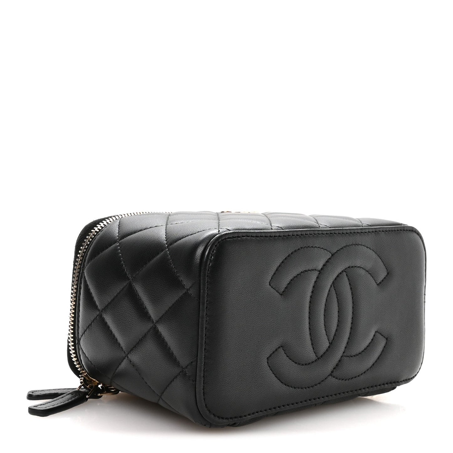 Lambskin Quilted Small Top Handle Vanity Case With Chain Black