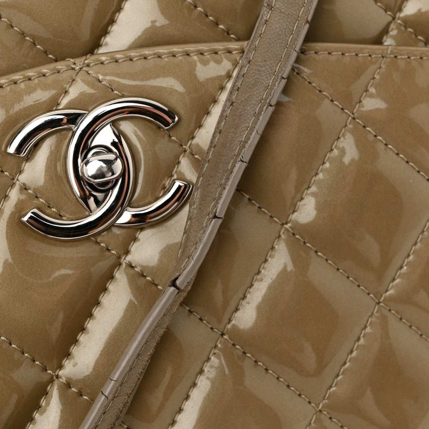 Patent Quilted Accordion Shopping Tote Beige