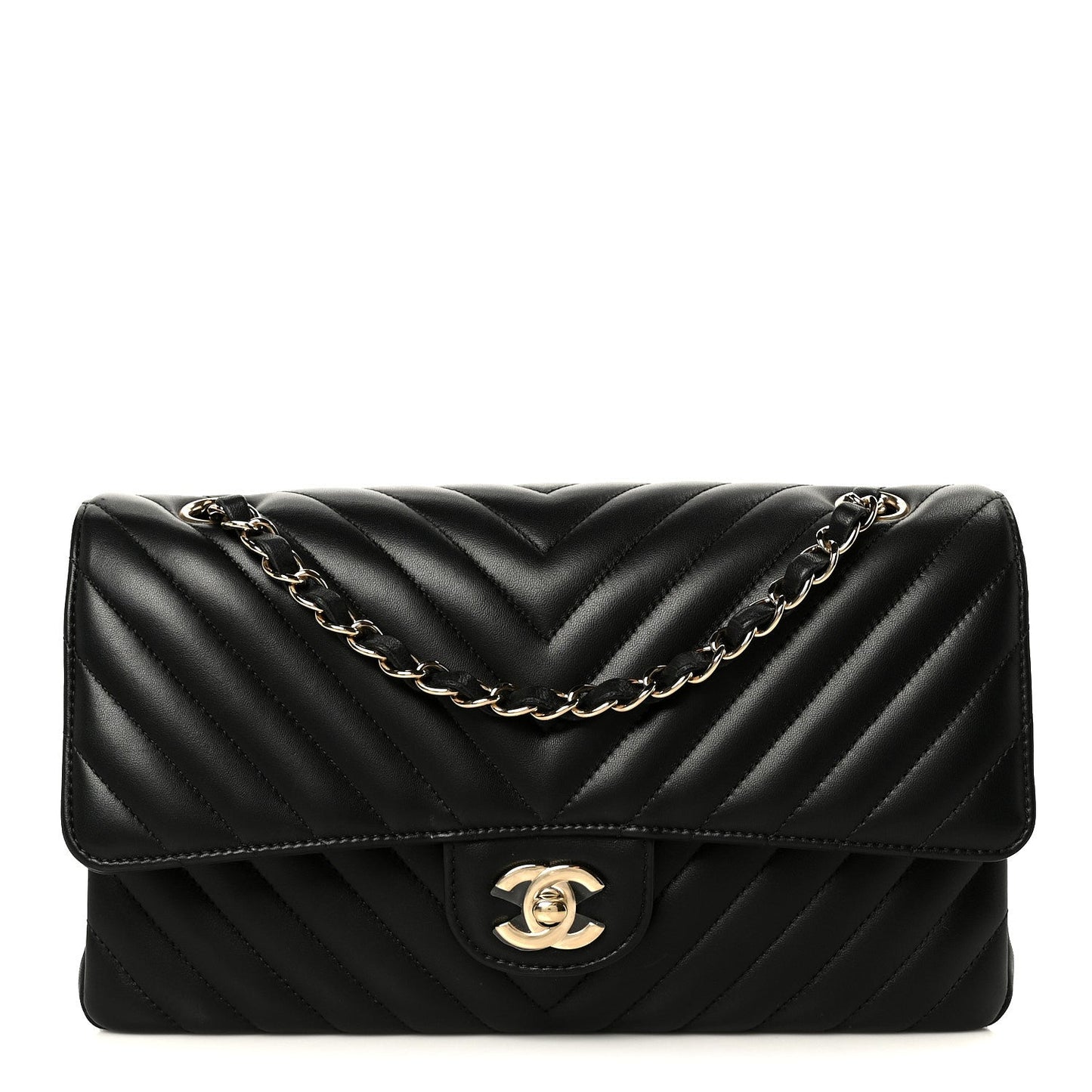 Lambskin Chevron Quilted Medium Double Flap Black