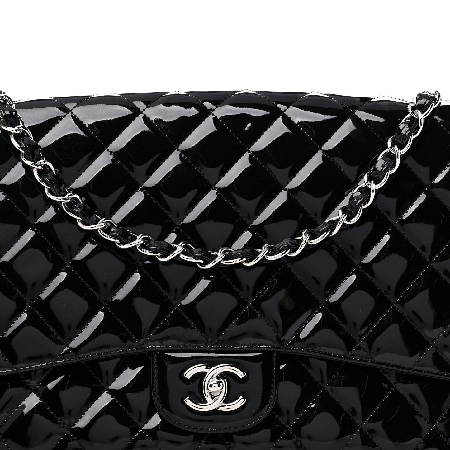 Patent Calfskin Sparkle Quilted Maxi Single Flap Black