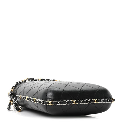 Lambskin Quilted Chain Around Phone Holder Black