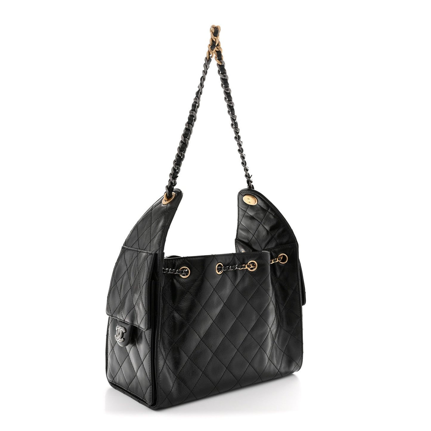 Shiny Crumpled Calfskin Quilted Small Chanel 25 Handbag Black