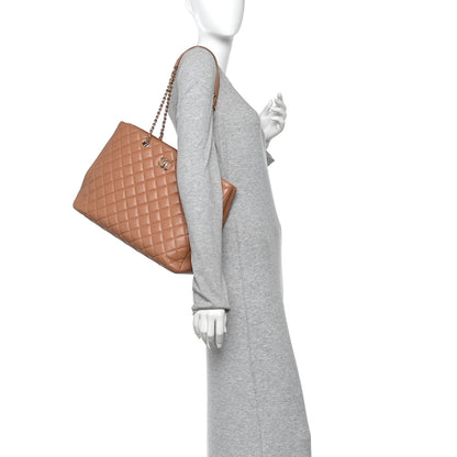 Calfskin Quilted Large CC Shopping Tote Camel