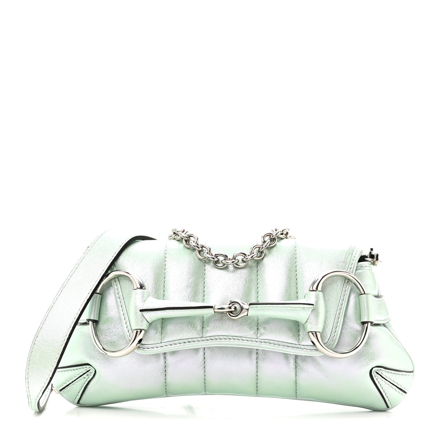 Iridescent Nappa Vertical Matelasse Small Maxi Horsebit Chain Shoulder Bag Iridescent Salvy Green