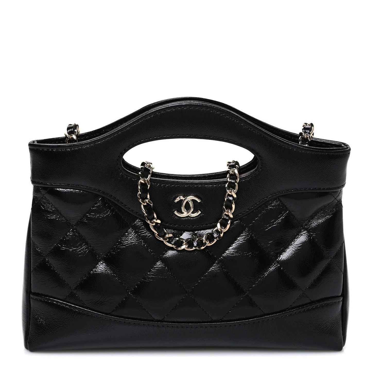 Shiny Crumpled Calfskin Quilted Nano 31 Shopping Bag Black