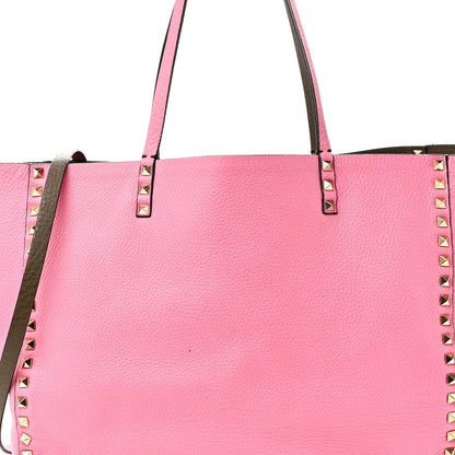 Grained Calfskin Medium Rockstud Reversible Tote Army Green Pink