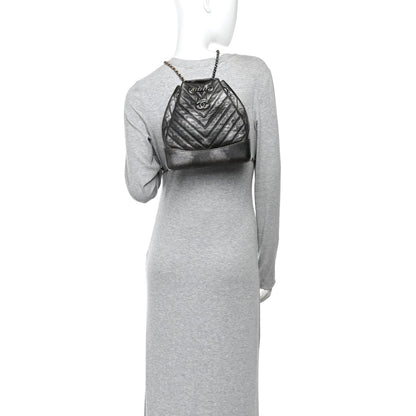 Metallic Grained Goatskin Chevron Quilted Gabrielle Backpack Dark Silver Gold