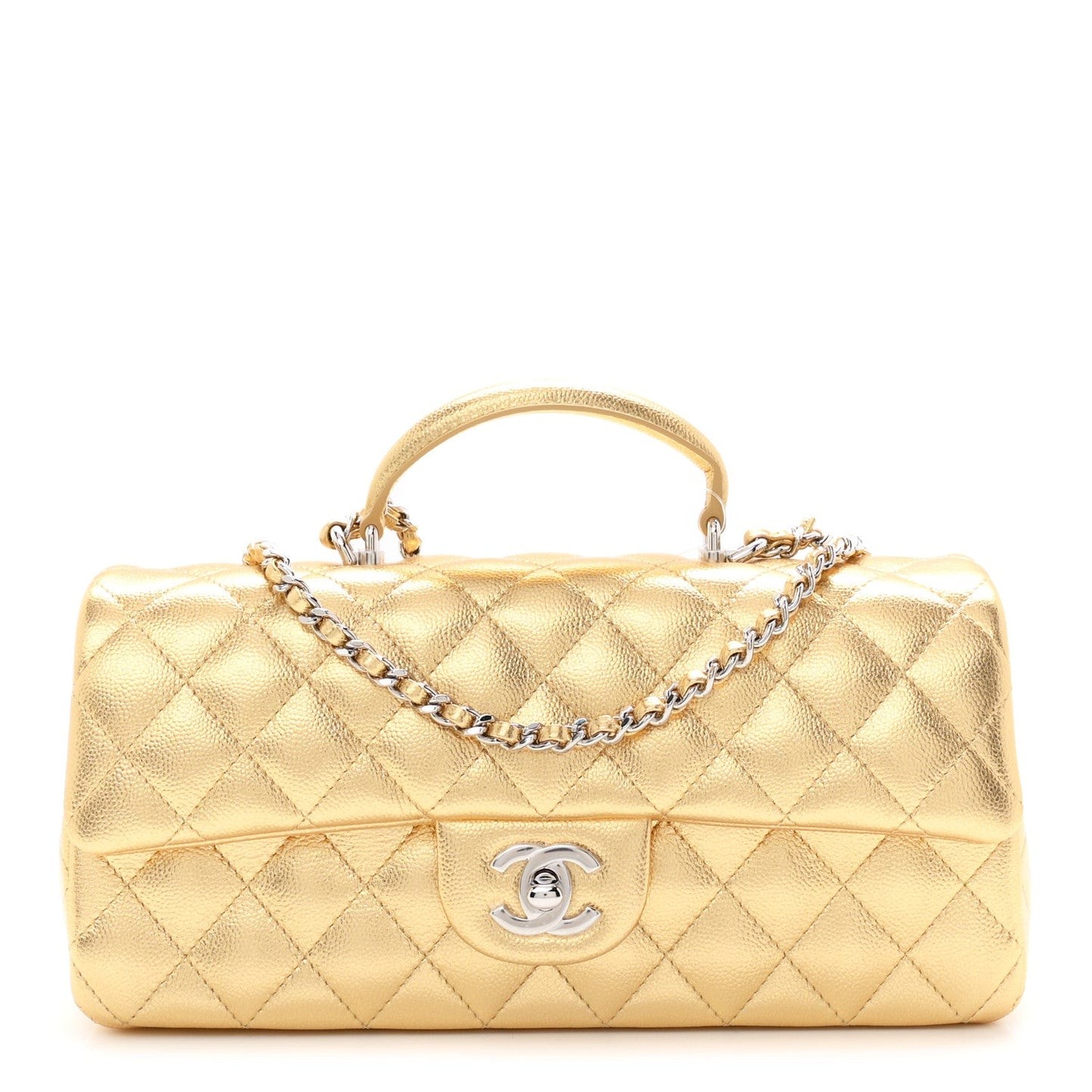 Metallic Caviar Quilted Top Handle East West Flap Gold