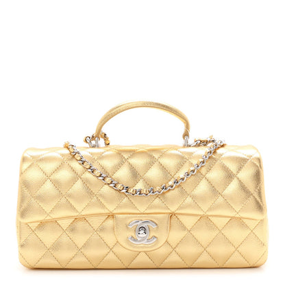 Metallic Caviar Quilted Top Handle East West Flap Gold
