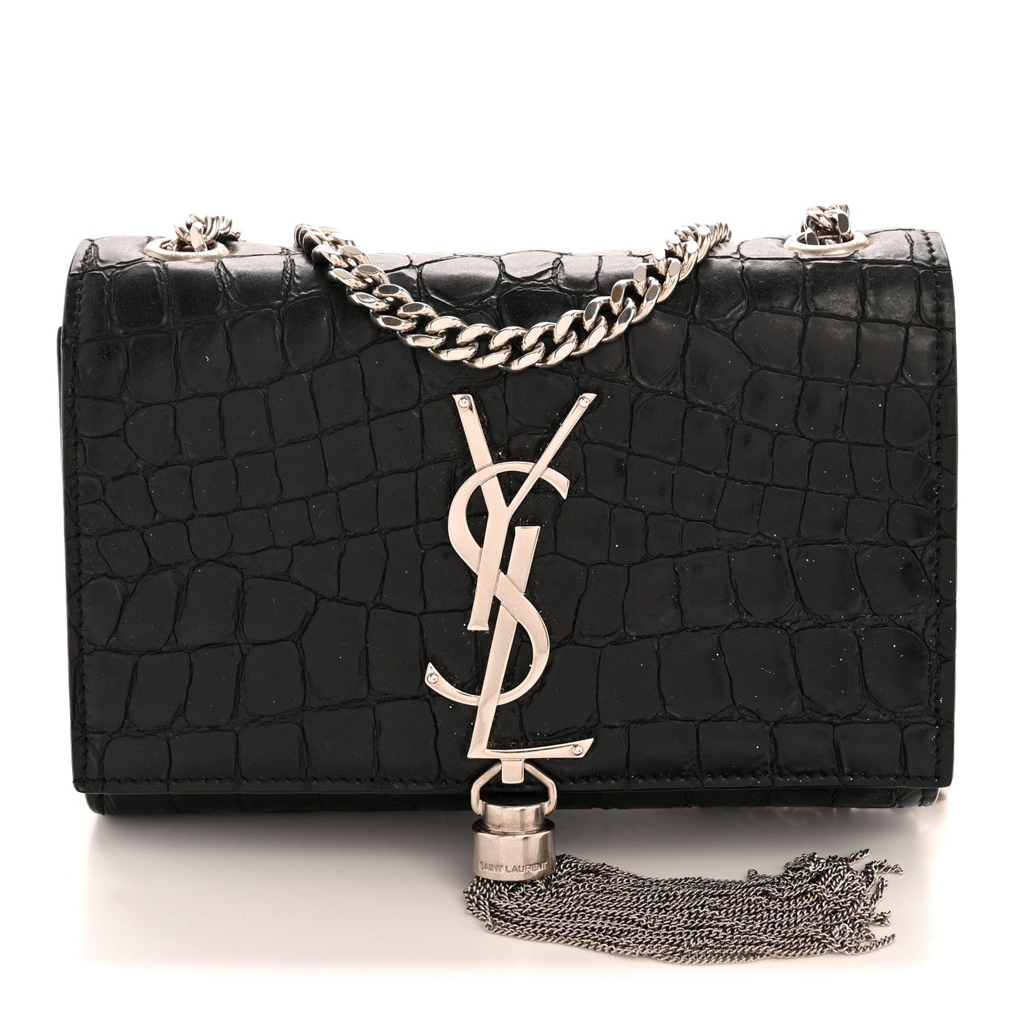 Calfskin Crocodile Embossed Small Classic Monogram Kate Tassel Satchel Black