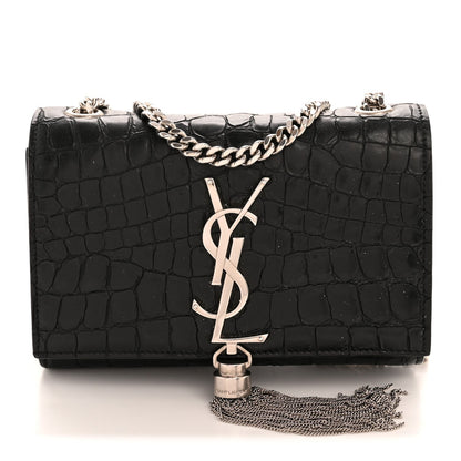 Calfskin Crocodile Embossed Small Classic Monogram Kate Tassel Satchel Black