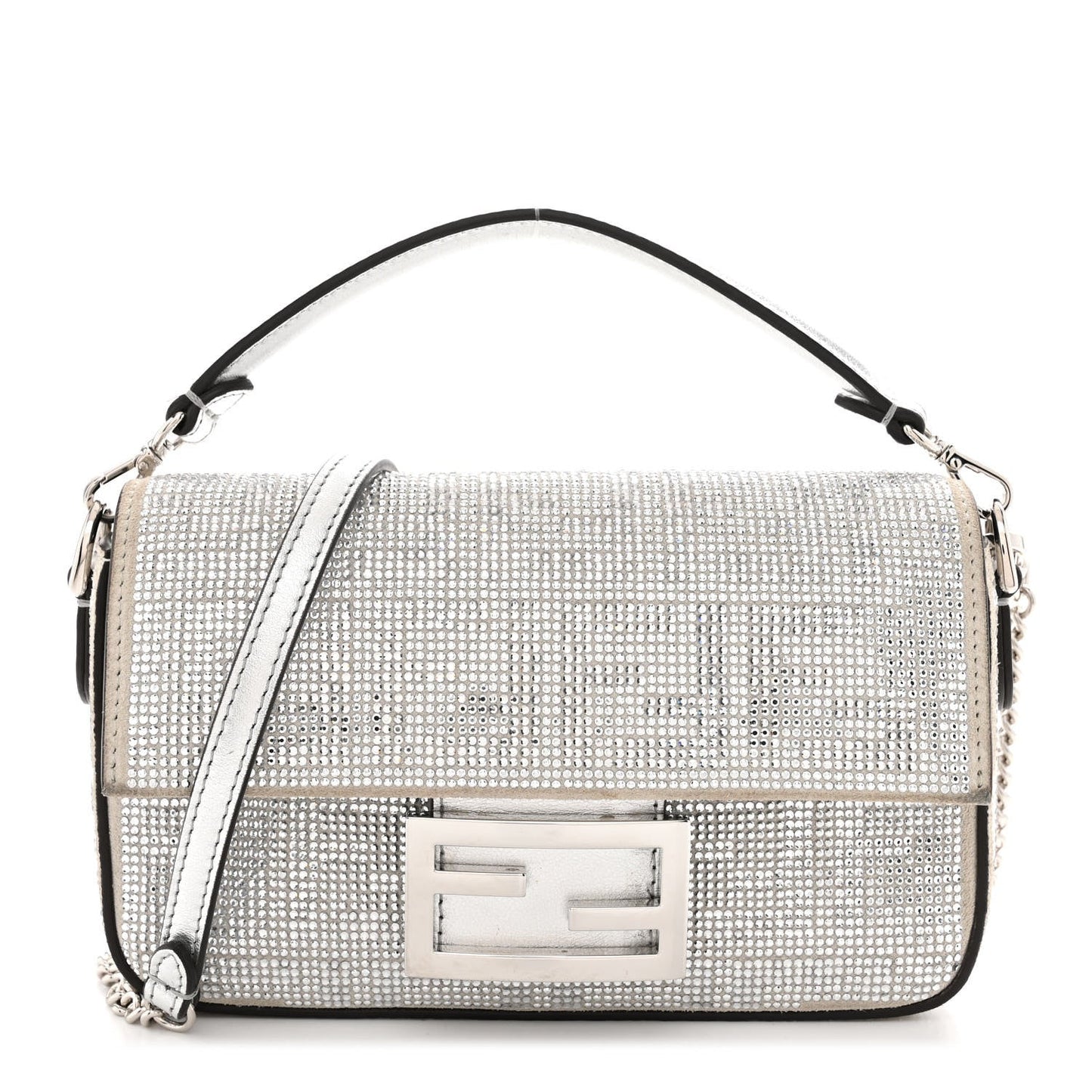 Crystal Vitello Laminato FF Mini Baguette Crystal Argento