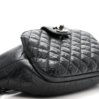 Crumpled Calfskin Quilted Casual Rock Waist Bag Fanny Pack Black