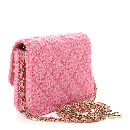 Tweed Quilted Flap Chain Waist Bag Pink