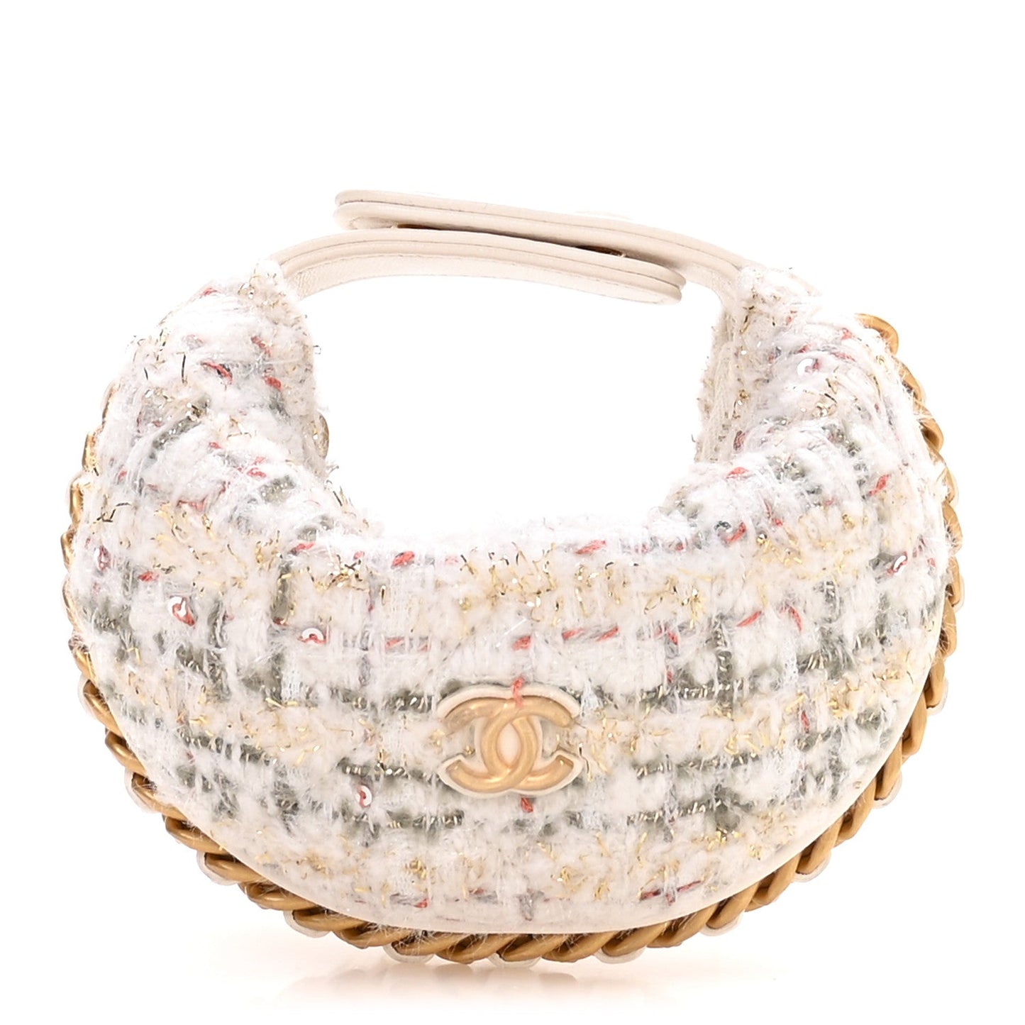 Wool Tweed Quilted Chain Around Mini Pouch Ecru Khaki Gold Red