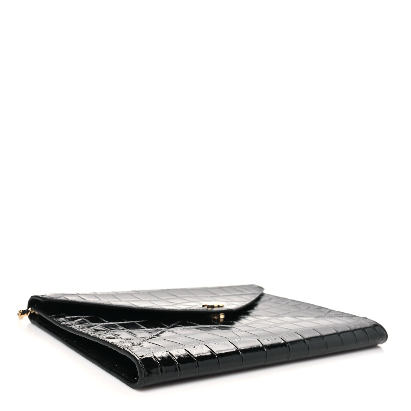 Calfskin Crocodile Embossed Croc Illusion Clutch With Chain  Black