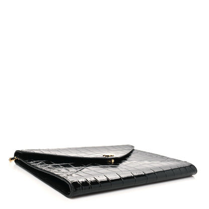 Calfskin Crocodile Embossed Croc Illusion Clutch With Chain  Black