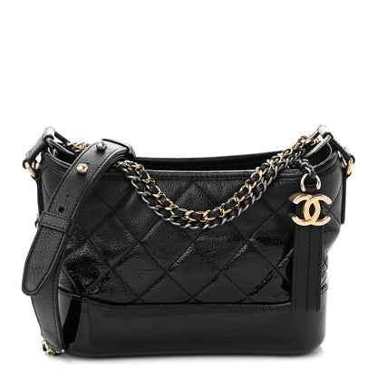 Patent Goatskin Quilted Small Gabrielle Hobo Black