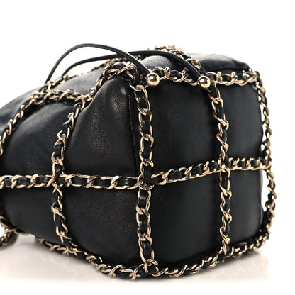 Lambskin Bucket Chain Drawstring Bag Black