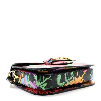 X KEN SCOTT New Shangai Calfskin Jenny Floral Print Horsebit 1955 Shoulder Bag Black Pink
