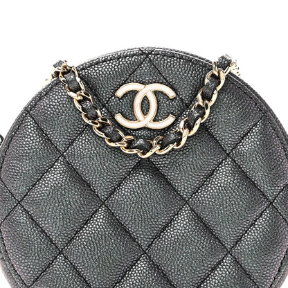 Iridescent Caviar Quilted Round Clutch With Chain Black