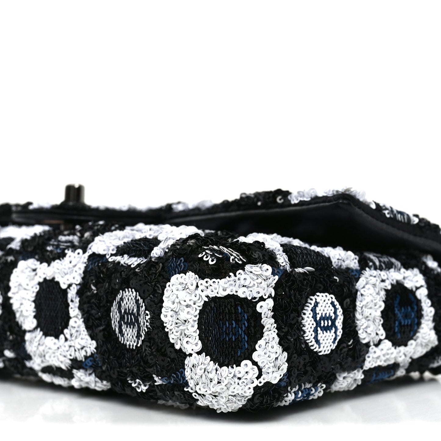 Satin Sequin Embellished Flower East West Flap Black White Blue