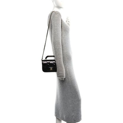 Metallic Mirror Calfskin Mini Top Handle Clutch With Chain  Black