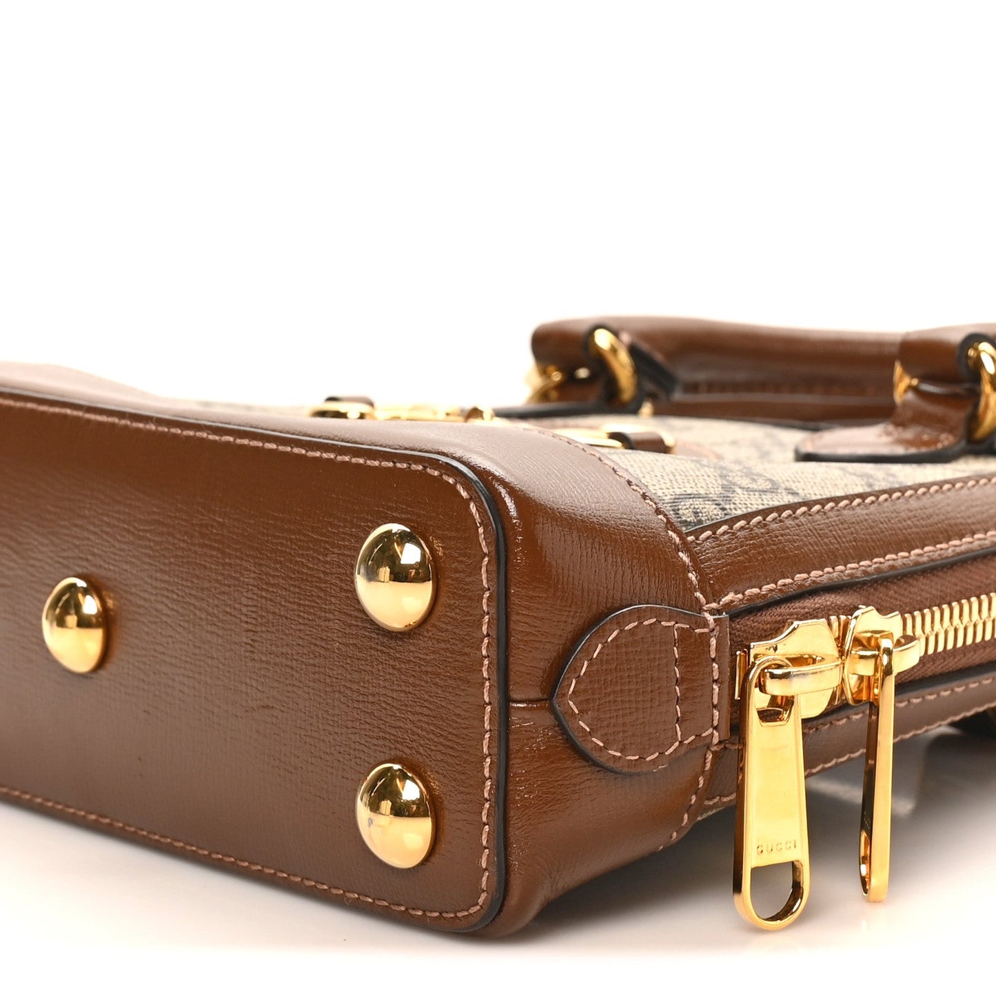 GG Supreme Monogram Azalea Calfskin Mini Horsebit 1955 Top Handle Bag Beige Ebony Brown Sugar