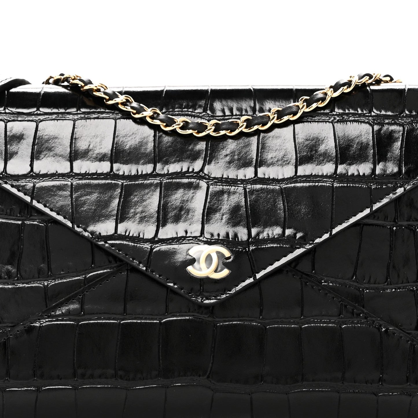 Calfskin Crocodile Embossed Envelope Clutch With Strap Black