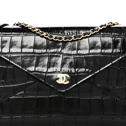 Calfskin Crocodile Embossed Envelope Clutch With Strap Black