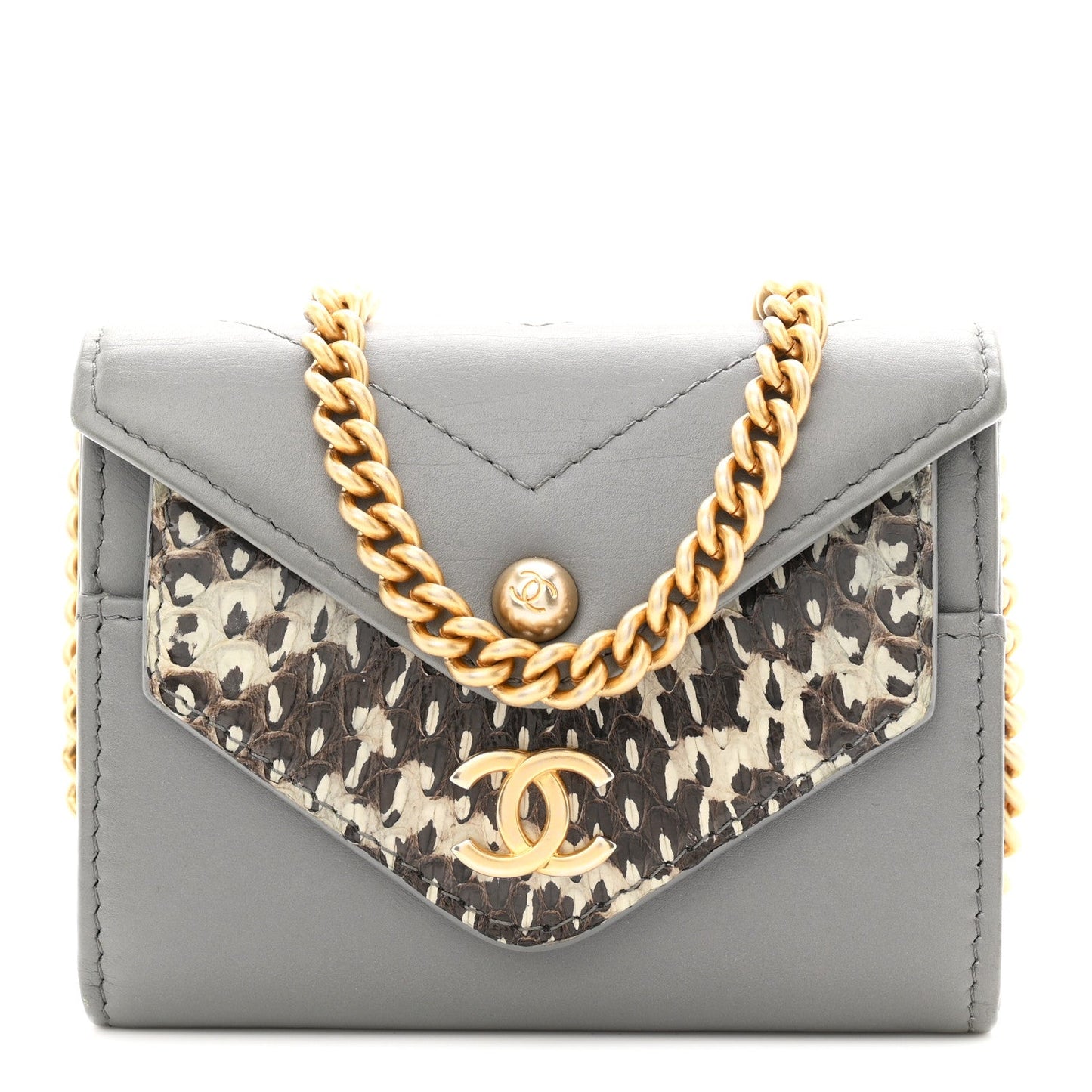 Calfskin Elaphe Double Chevron Card Case On Chain Grey