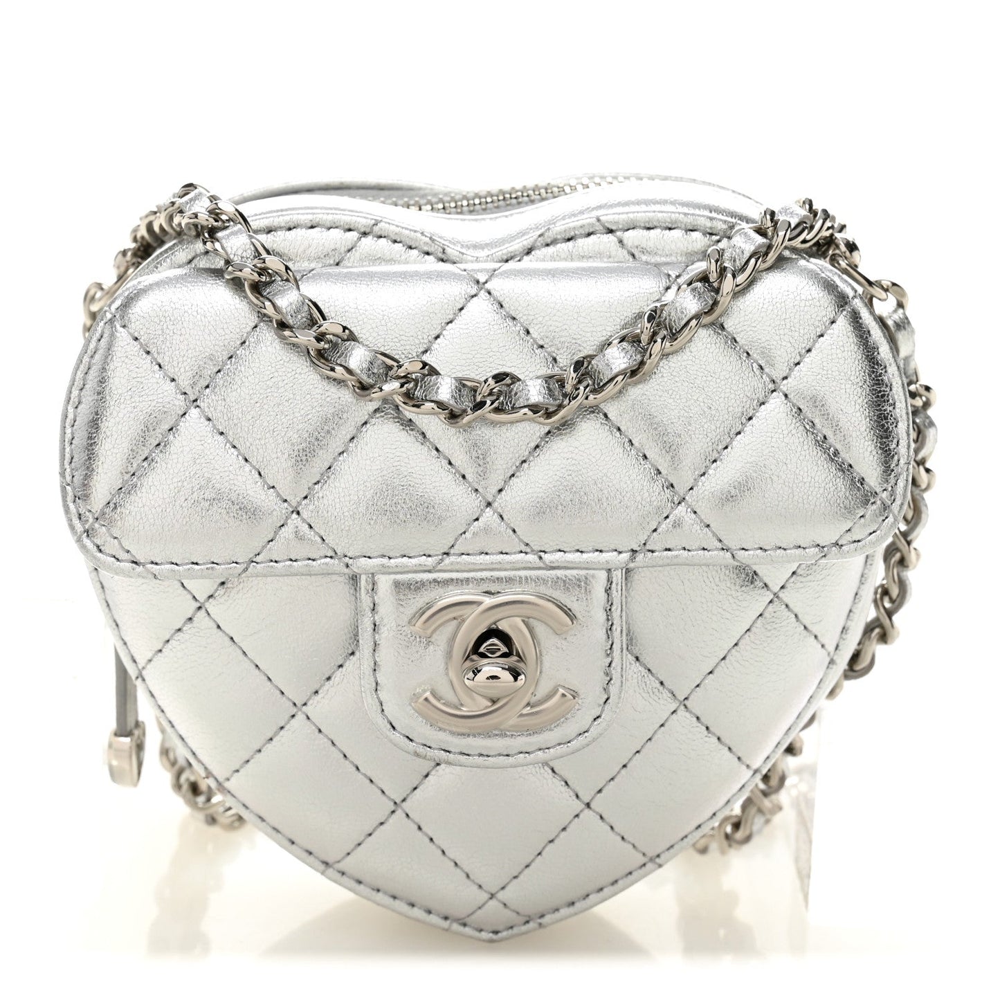 Metallic Lambskin Quilted CC In Love Heart Clutch With Chain Silver