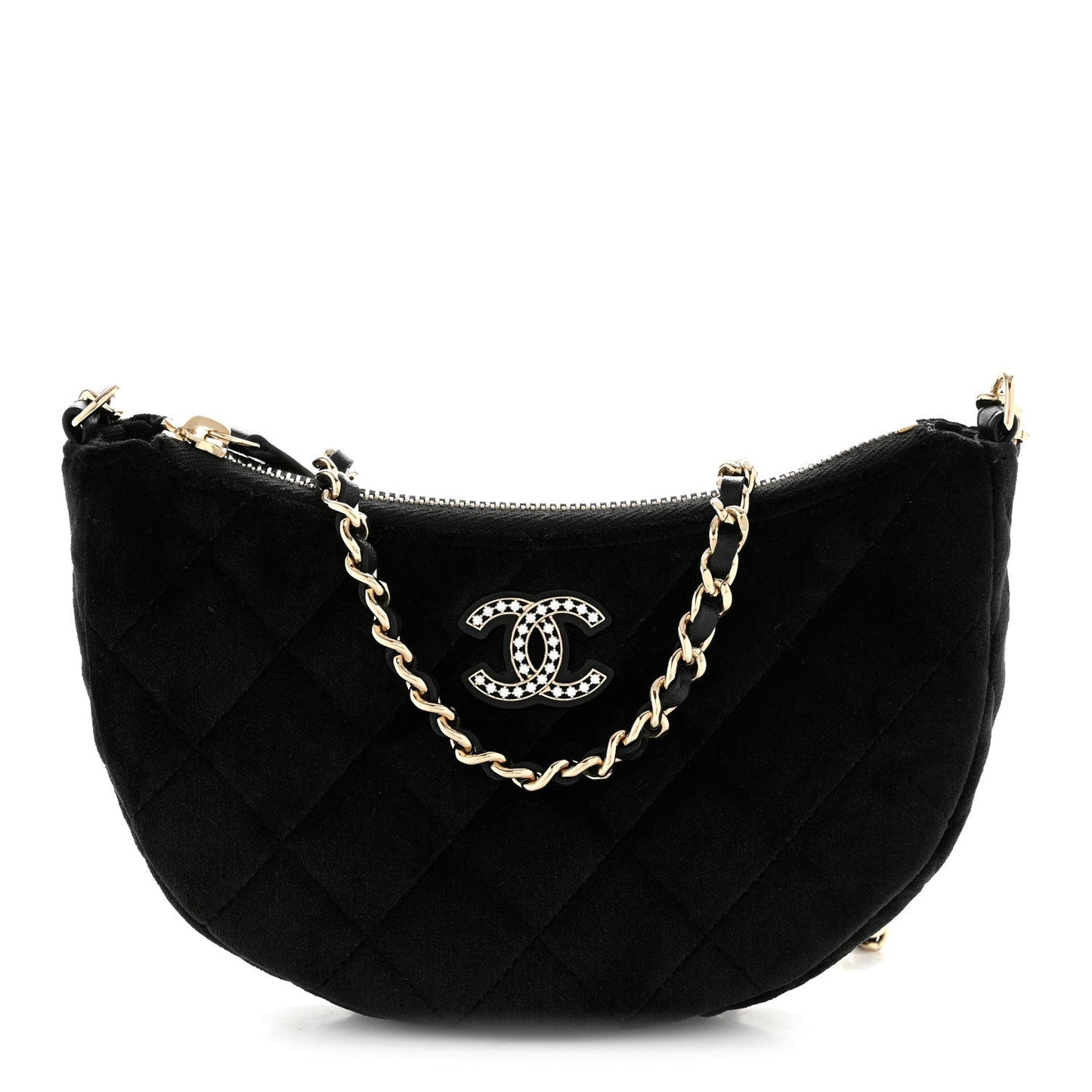 Velvet Crystal Quilted Chain Hobo Black